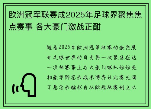 欧洲冠军联赛成2025年足球界聚焦焦点赛事 各大豪门激战正酣