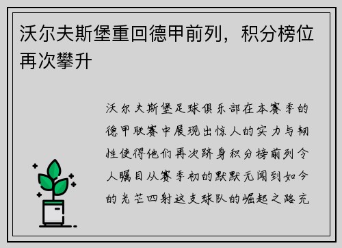 沃尔夫斯堡重回德甲前列，积分榜位再次攀升