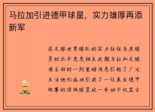 马拉加引进德甲球星，实力雄厚再添新军