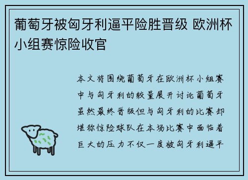葡萄牙被匈牙利逼平险胜晋级 欧洲杯小组赛惊险收官