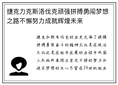 捷克力克斯洛伐克顽强拼搏勇闯梦想之路不懈努力成就辉煌未来