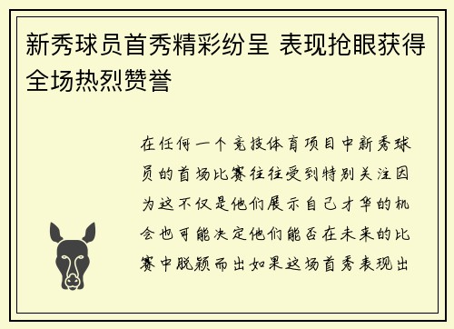 新秀球员首秀精彩纷呈 表现抢眼获得全场热烈赞誉
