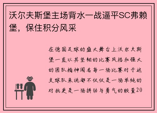 沃尔夫斯堡主场背水一战逼平SC弗赖堡，保住积分风采