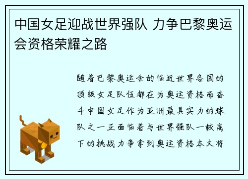 中国女足迎战世界强队 力争巴黎奥运会资格荣耀之路