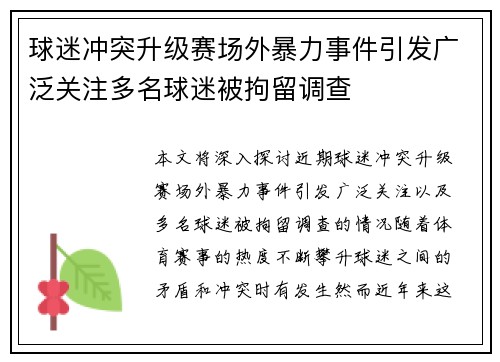 球迷冲突升级赛场外暴力事件引发广泛关注多名球迷被拘留调查