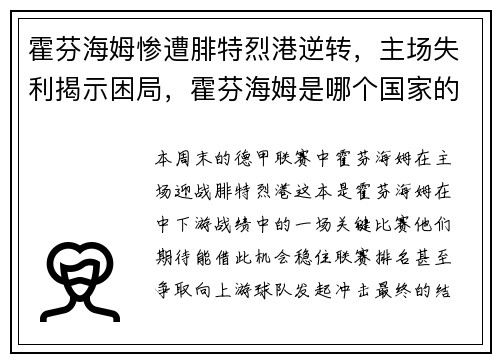 霍芬海姆惨遭腓特烈港逆转，主场失利揭示困局，霍芬海姆是哪个国家的球队