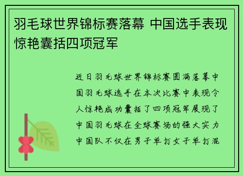 羽毛球世界锦标赛落幕 中国选手表现惊艳囊括四项冠军